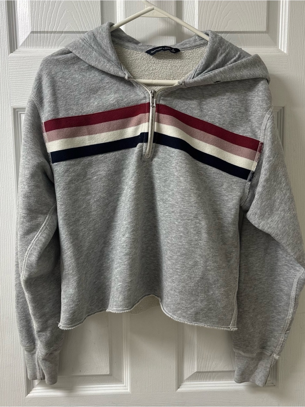 Abercrombie & Fitch Cropped Quarter Zip Hoodie Gray Retro Striped Raw Hem Small